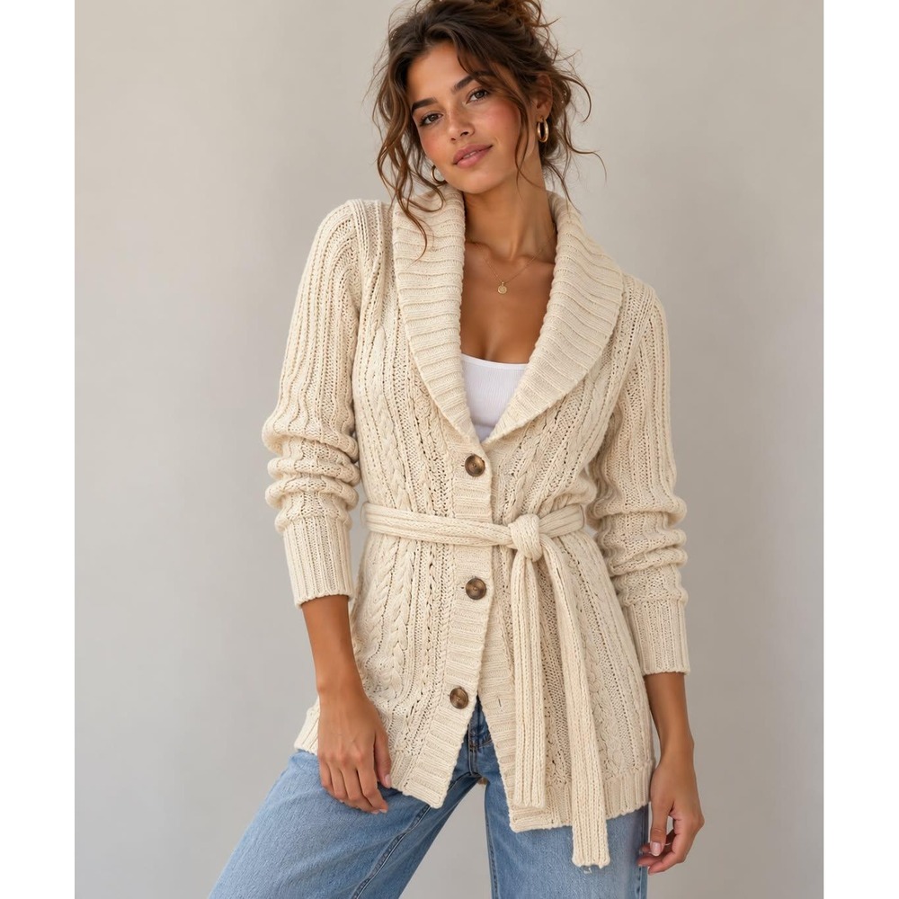 Eddie Bauer Cardigan Women M Cream Cable Knit Shawl Collar Belted Button Up